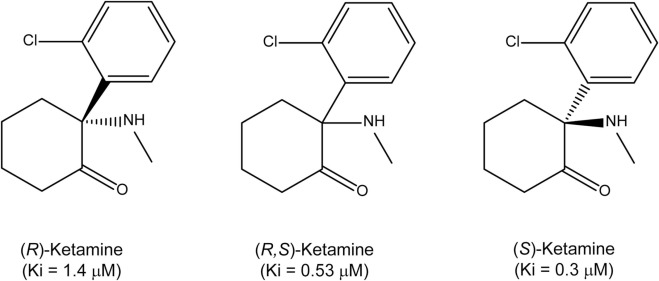 Molecular structures of R-ketamine (Ki 1.4 μM), R,S-ketamine racemic (Ki 0.53 μM), and S-ketamine (Ki 0.3 μM) showing their three-dimensional mirror-image orientation
