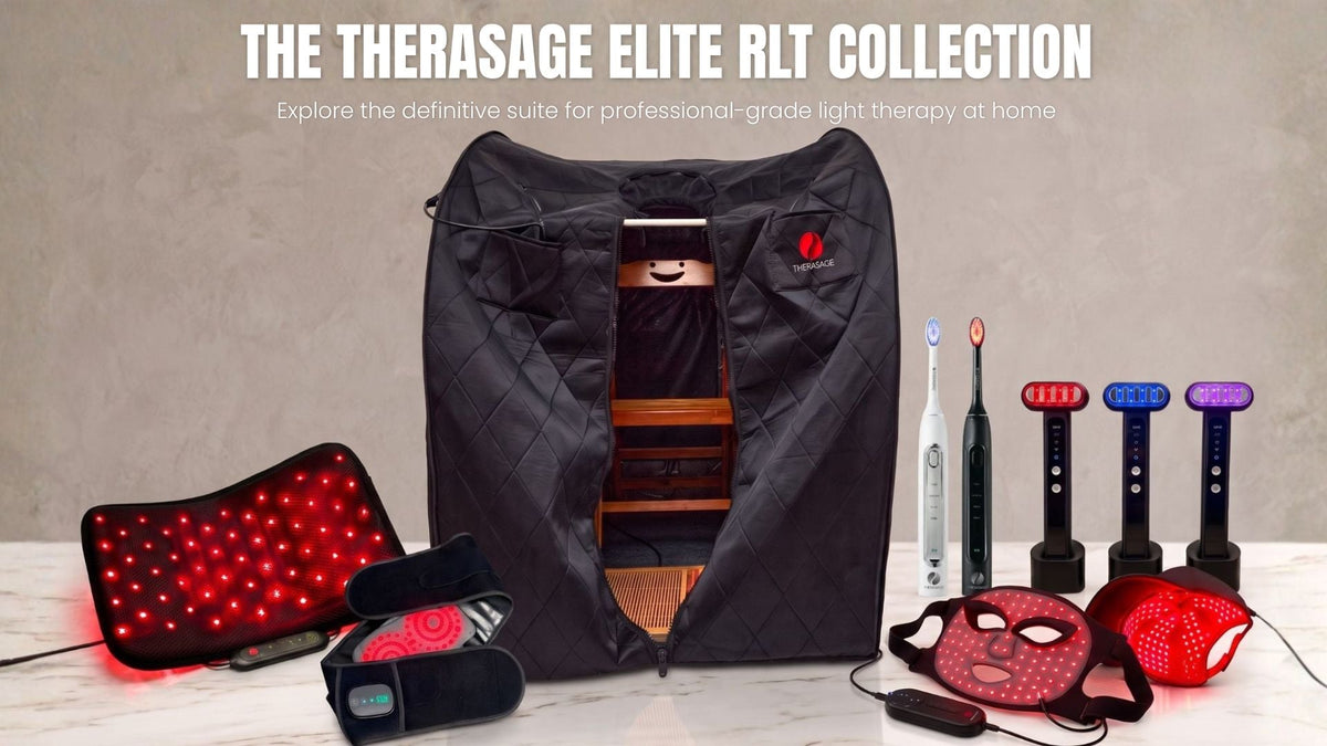 Therasage Elite RLT collection with a portable sauna, light panels and handheld devices