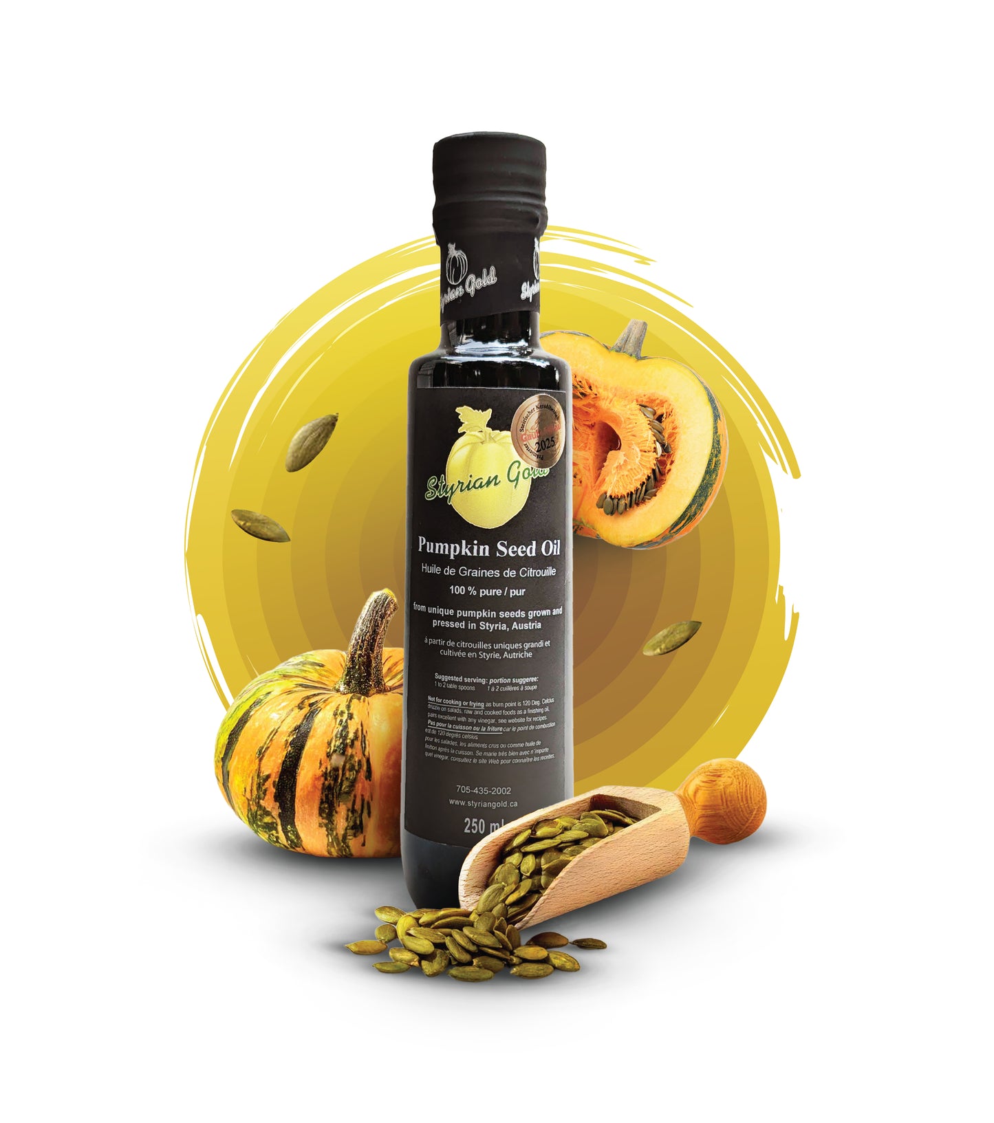 Styrian Gold Pumpkin Seed Oil bottle with pumpkins and seeds