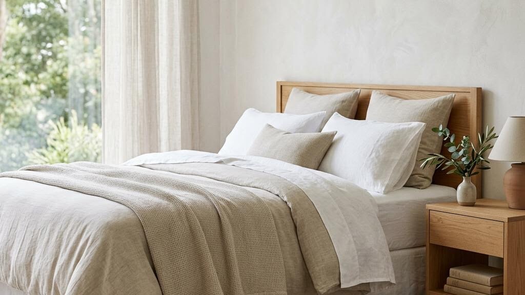 A quiet bedroom with soft bedding, prepared for a restful night