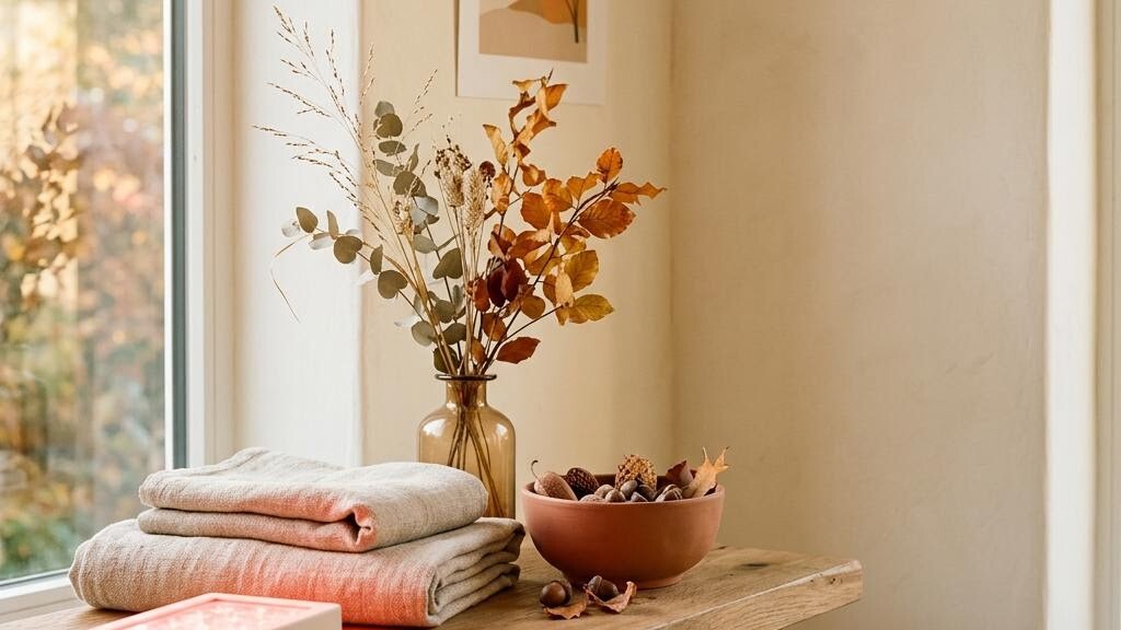 An unbranded red light panel glowing on an oak console beside natural linen in a warm cream room