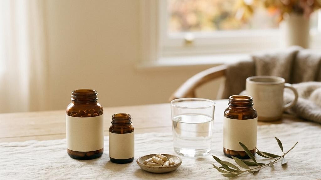 Unbranded amber supplement bottles, a ceramic dish and a water glass on warm oak in autumn light