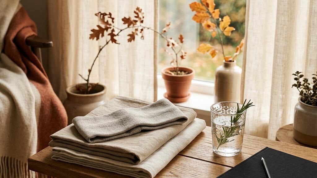 An unbranded meditation headband, folded linen, a notebook and a glass on warm oak in a calm recovery corner
