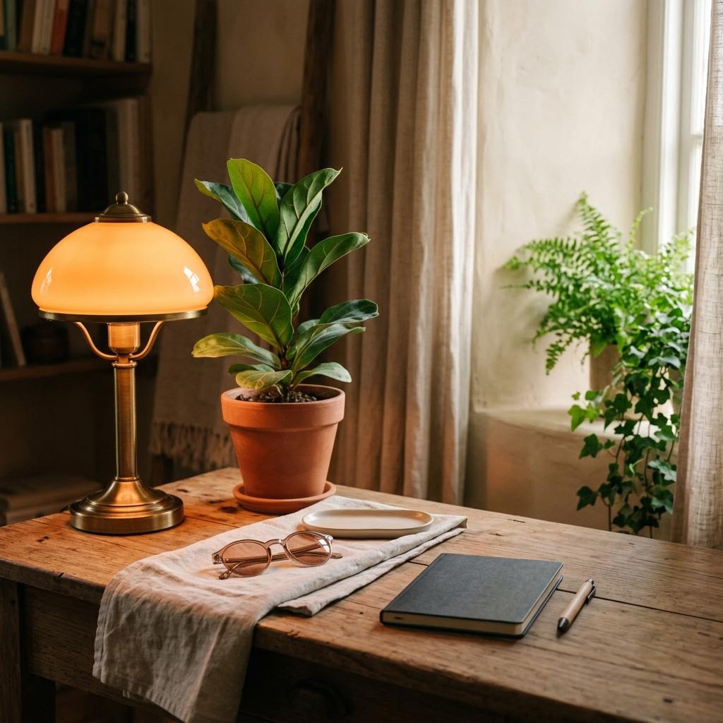 Warm amber lighting and tinted glasses on a natural-wood wellness desk