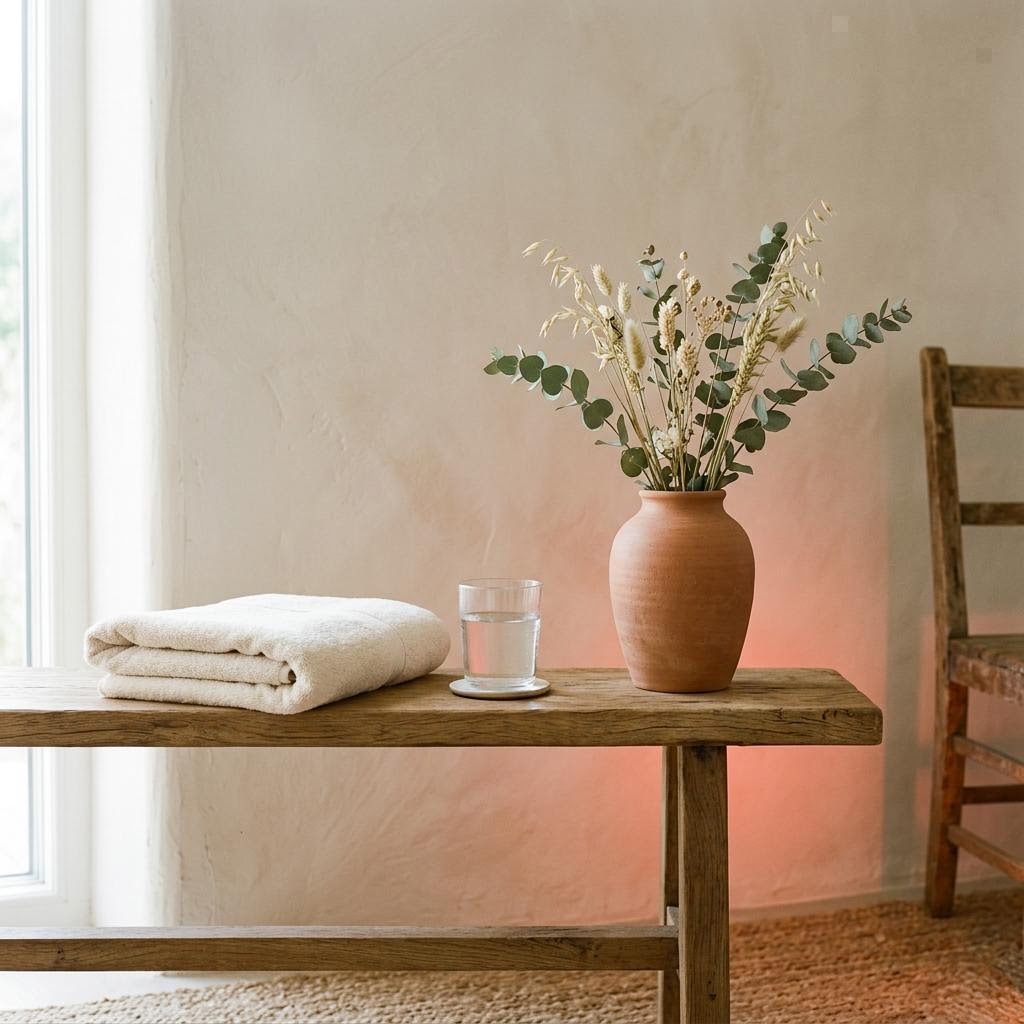 A quiet home wellness corner illuminated by soft red light