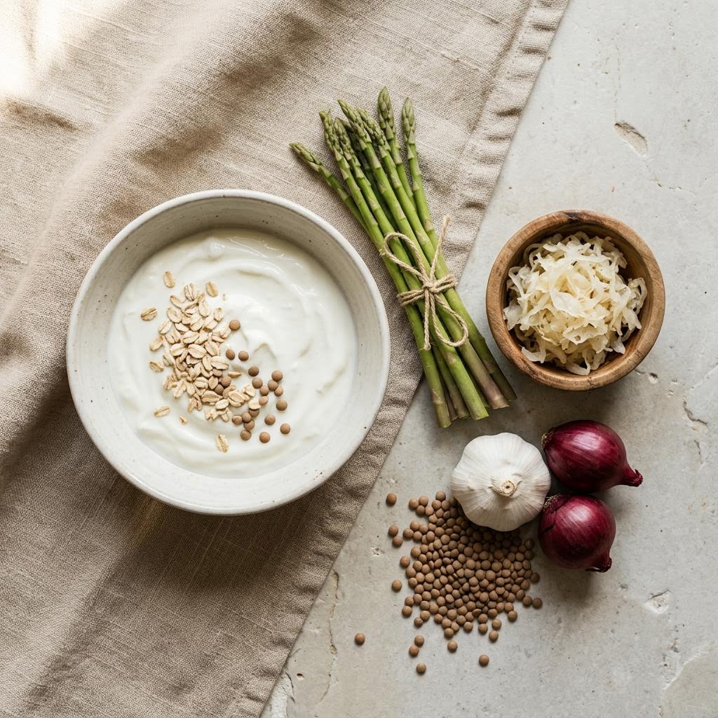 Yogurt, oats, lentils, vegetables and fermented foods on a neutral linen surface