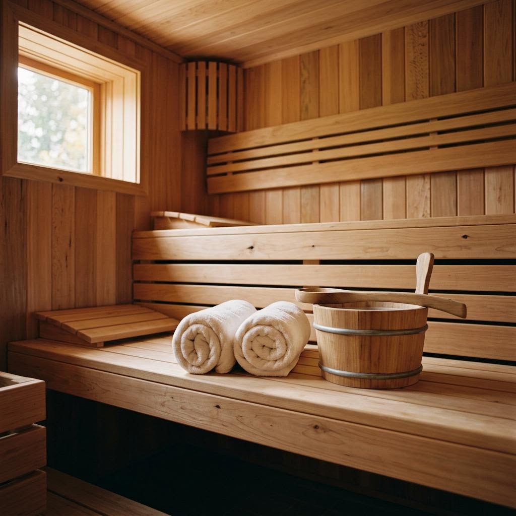 A warm wood-lined sauna with a clean bench, folded towels and wooden bucket