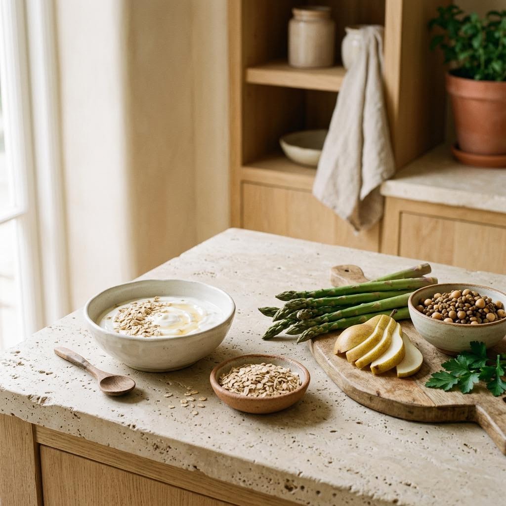 Yogurt, oats, legumes and plant foods arranged on a pale kitchen counter