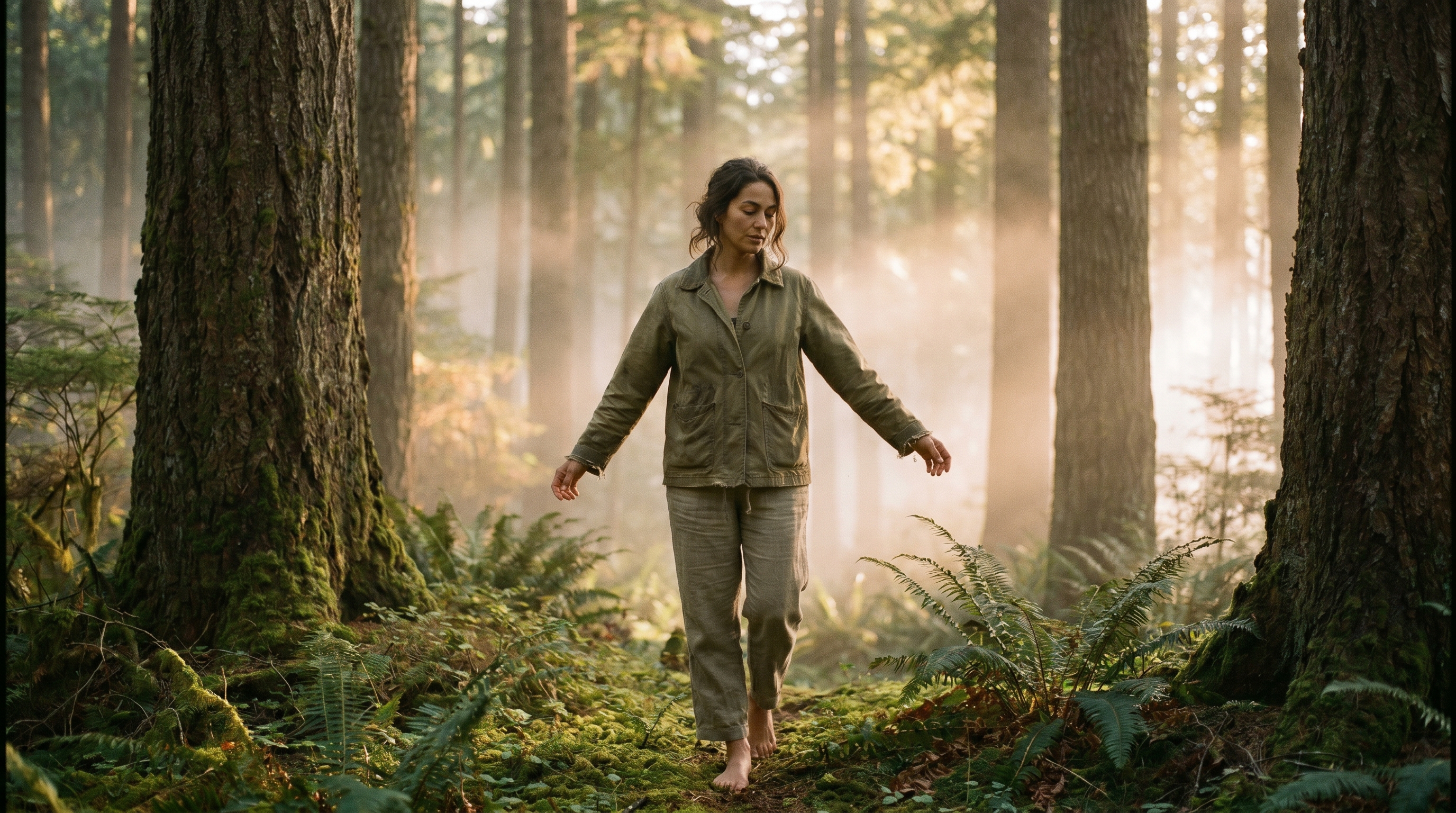 Woman walking barefoot in misty forest at golden hour — stress recovery and HPA axis reset