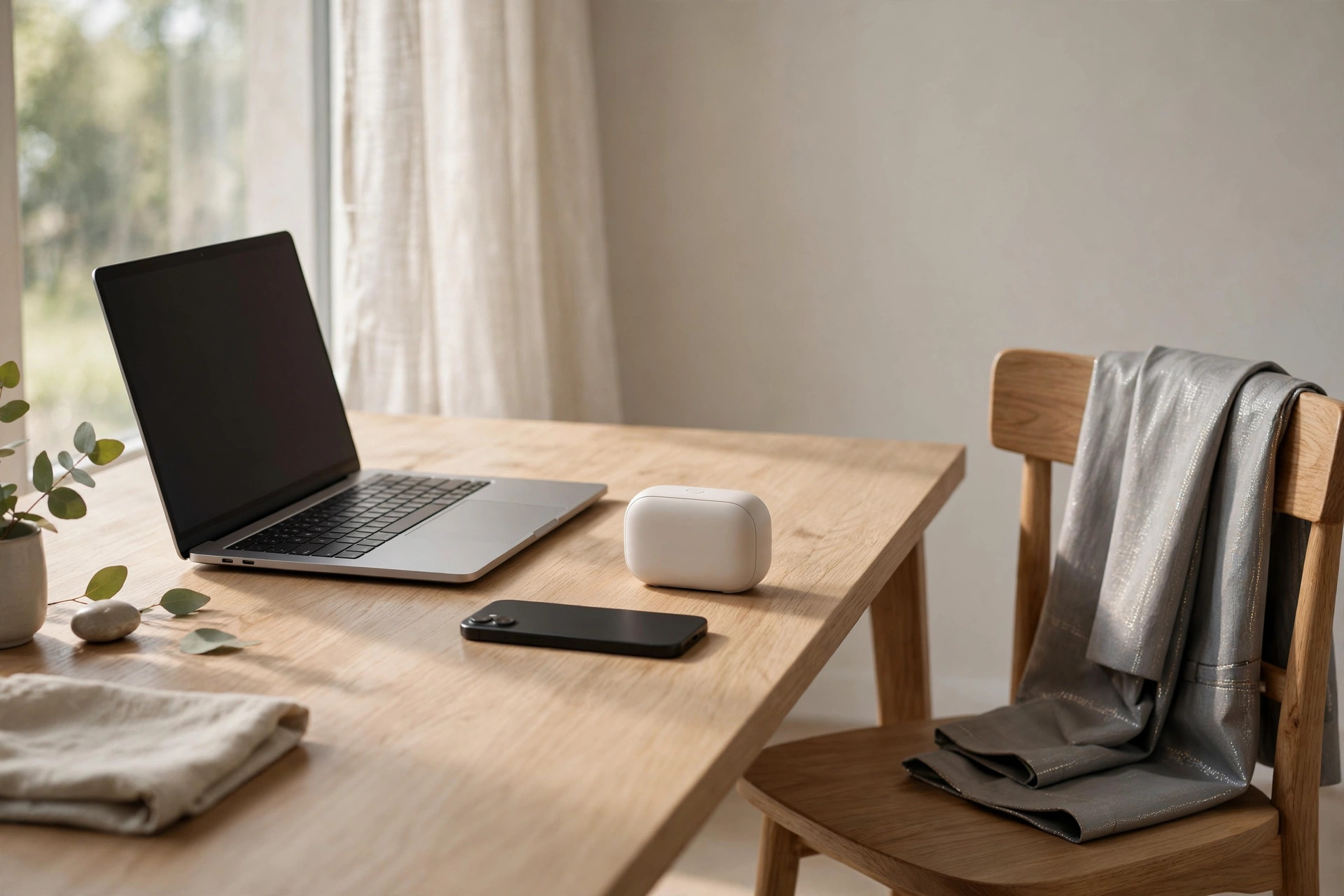 Laptop and smartphone beside a silver garment draped over a chair in a bright room