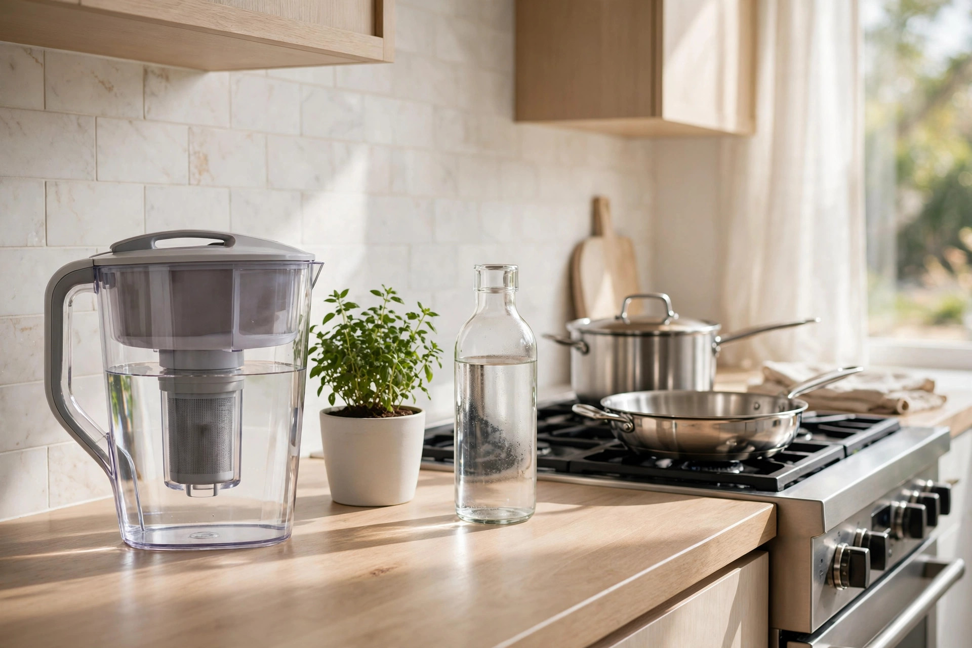 Water filter pitcher, glass water bottle, and stainless-steel cookware on a bright kitchen counter