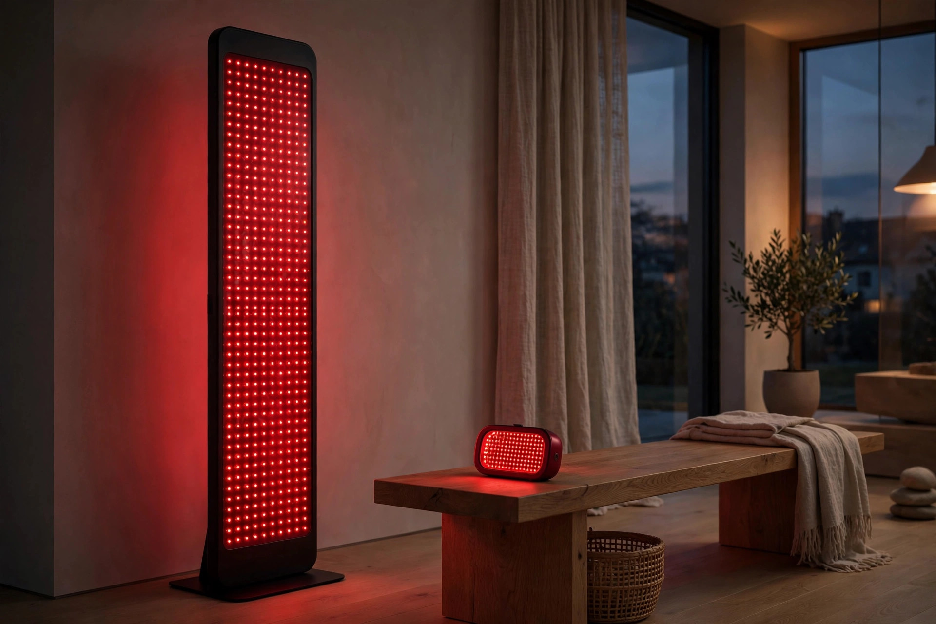 Red light therapy panel and compact handheld device in a softly lit room