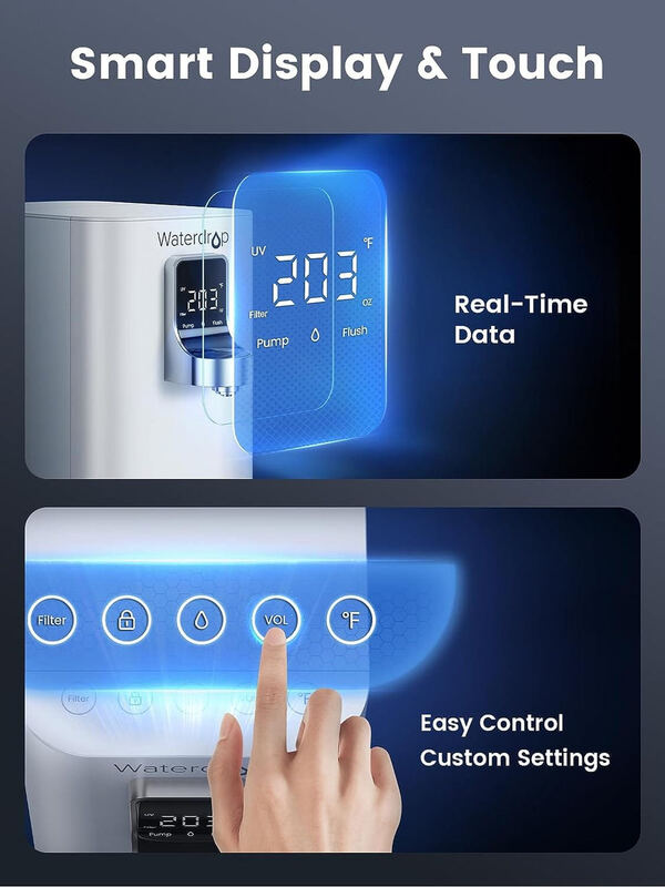 Waterdrop K19-H smart touch display panel showing real-time temperature data at 203 degrees Fahrenheit, with easy control custom settings for filter status, pump, volume, and temperature