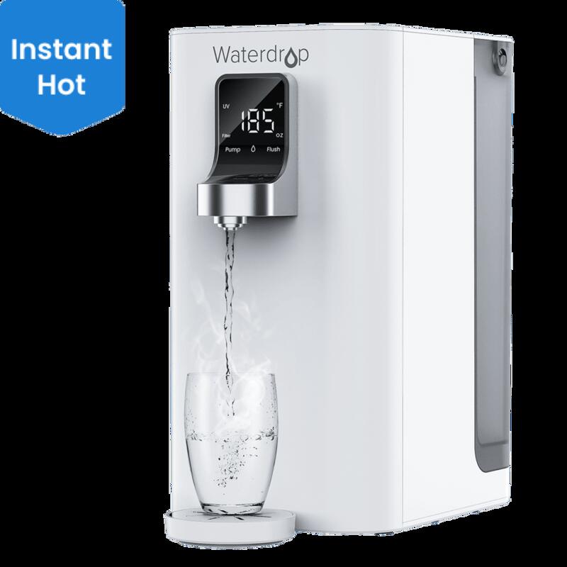 Waterdrop K19-H countertop reverse osmosis water filter with instant hot water dispenser showing digital temperature display at 185 degrees Fahrenheit