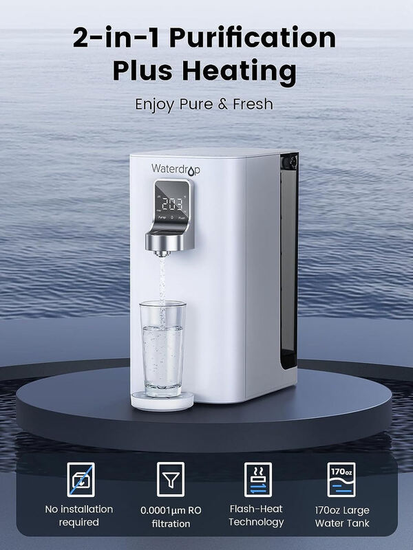 Waterdrop K19-H countertop RO water purifier shown dispensing purified water into a glass, with product callouts: no installation required, 0.0001 micron RO filtration, flash heat technology, and 170oz large water tank